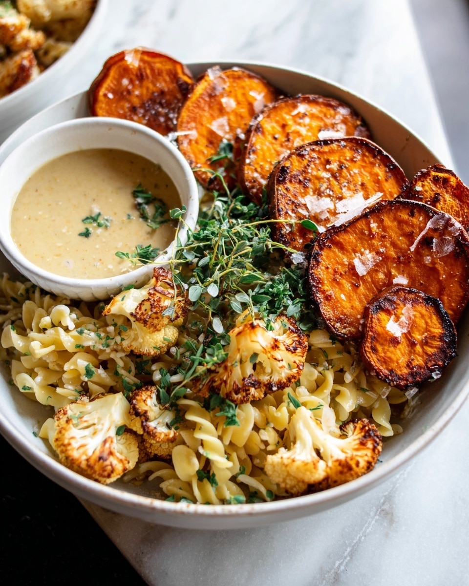 A white bowl sits on a white marbled table, filled with layers of food. The bottom layer is light yellow pasta mixed with small green herbs and bits of onion. On top of the pasta are browned, slightly charred pieces of cauliflower, golden and crisp on the edges. Above the cauliflower are several thick, round slices of roasted sweet potato, deep orange with a shiny, slightly oily surface, sprinkled with coarse salt and small green thyme leaves. To the left side inside the bowl, there is a small round white dish containing a smooth beige sauce. The overall look is warm and inviting with fresh herbs adding a touch of green. Photo taken with an iphone --ar 4:5 --v 7