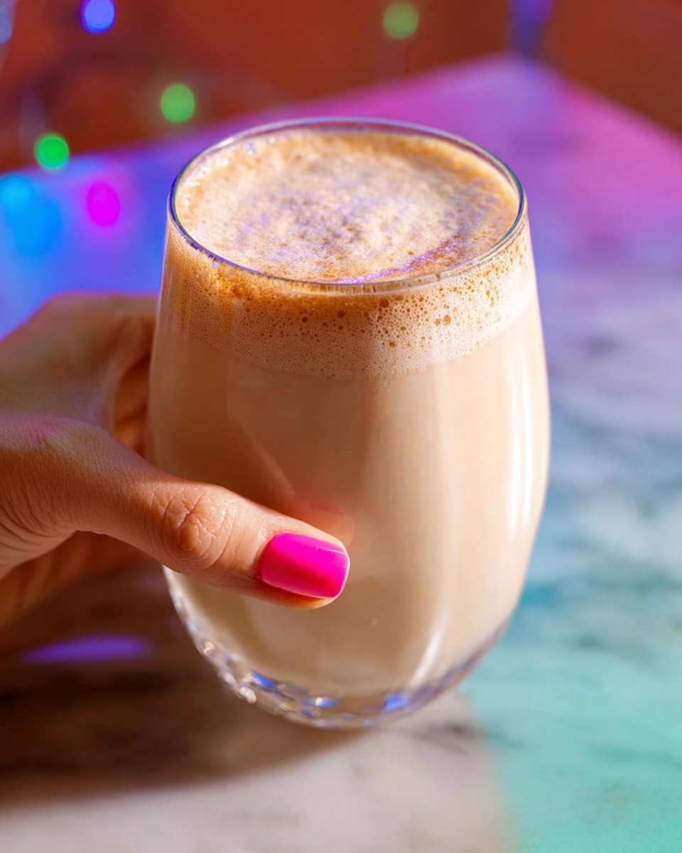 A clear glass filled with a creamy light beige drink topped with a frothy layer of light brown foam, which has a slightly uneven, bubbly texture. The drink is held by a woman's hand with bright pink painted nails. The background shows blurred colored lights and the surface beneath the glass is changed to a white marbled texture. photo taken with an iphone --ar 4:5 --v 7