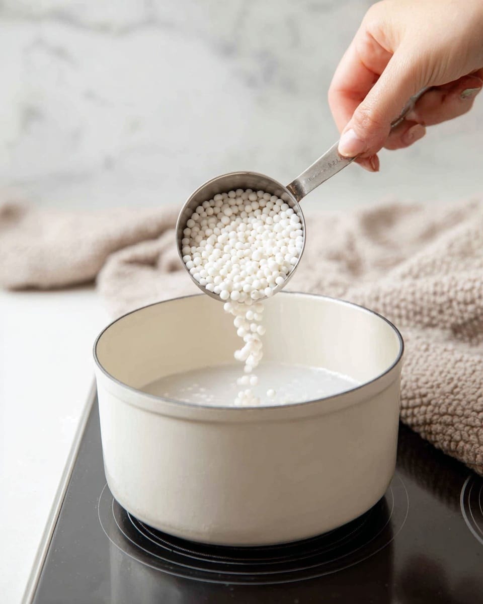 A close-up image shows a woman's hand holding a metal measuring cup filled with small white tapioca pearls, pouring them into a pot of liquid that is about halfway filled. The pot is white and sits on a black stove with a simple design. In the background, there is a soft beige cloth slightly out of focus lying on the white marbled surface, adding texture and warmth to the scene. The overall feeling is clean and bright with soft natural light. photo taken with an iphone --ar 4:5 --v 7
