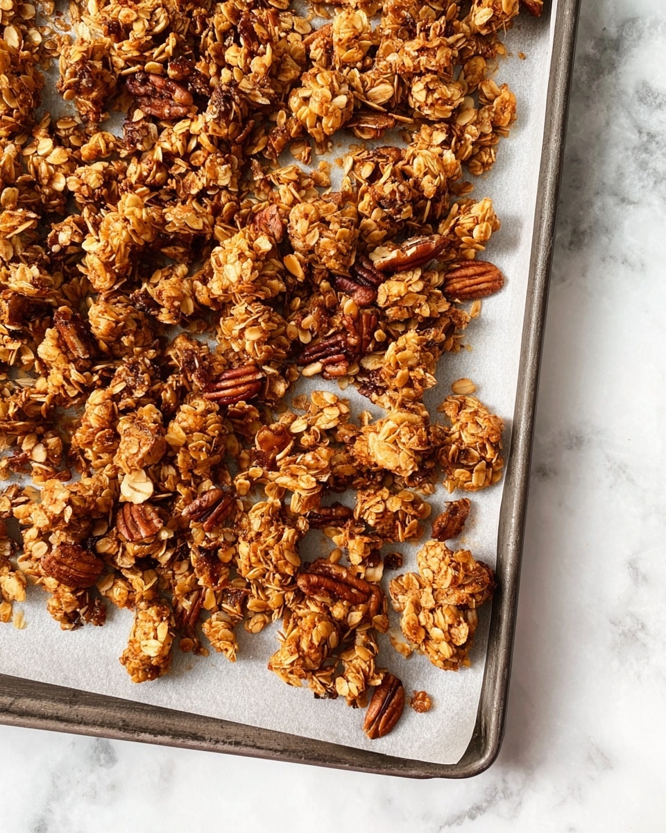 A close-up of a baking tray lined with parchment paper, filled with uneven clusters of golden brown granola. The granola pieces show visible oats and nuts like pecans, with a toasted texture and some darker spots from baking. The tray sits on a white marbled surface, highlighting the warm colors and crunchiness of the granola pieces photo taken with an iphone --ar 4:5 --v 7