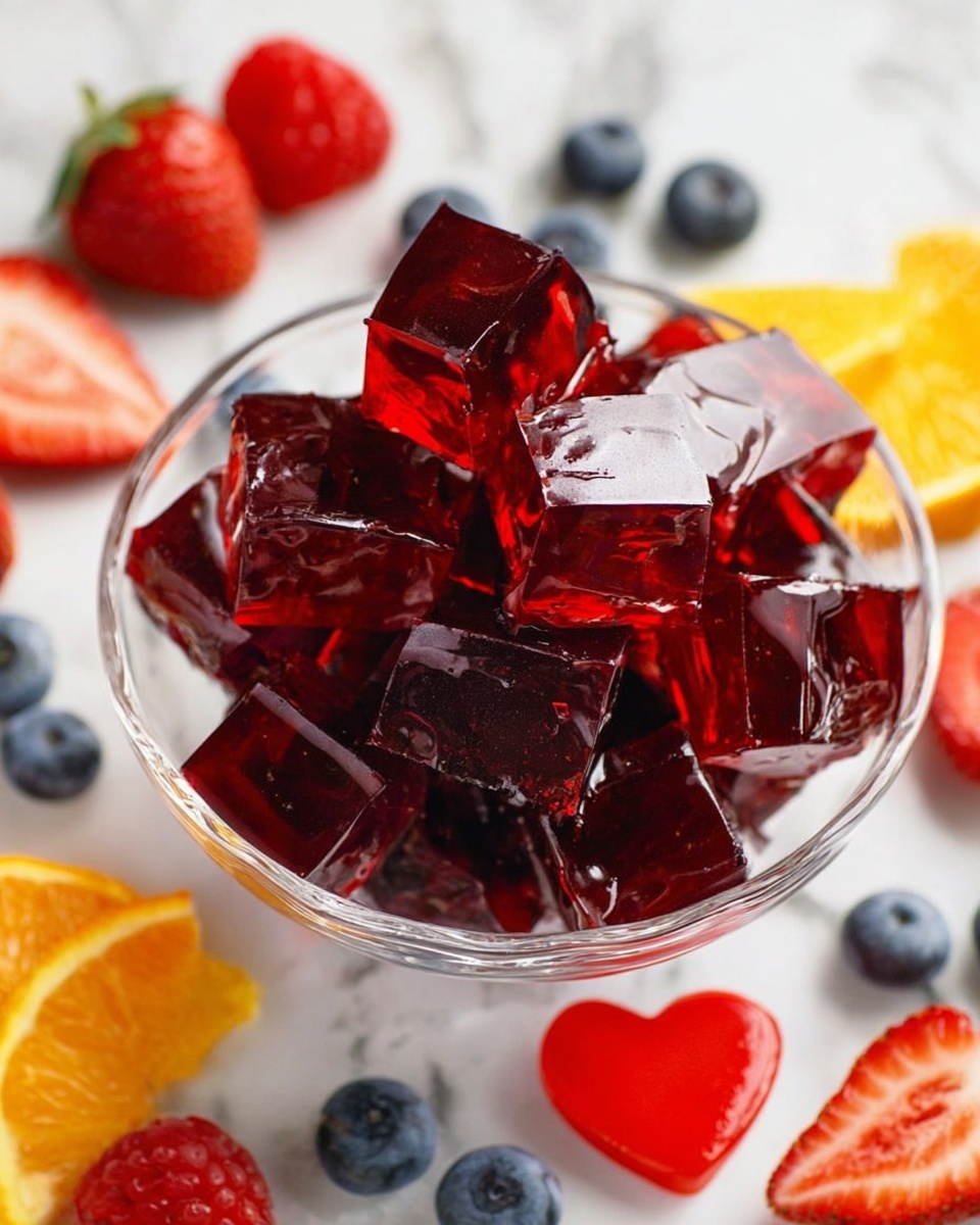 A clear glass bowl filled with shiny, dark red jelly cubes stacked loosely on top of each other. Around the bowl, on a white marbled surface, there are scattered fresh fruits including halved strawberries, whole blueberries, heart-shaped raspberries, and orange slices. The colors around the bowl are bright and fresh, with a mix of red, blue, and orange. The jelly cubes have smooth textures with slight reflections showing their glossy surface. photo taken with an iphone --ar 4:5 --v 7