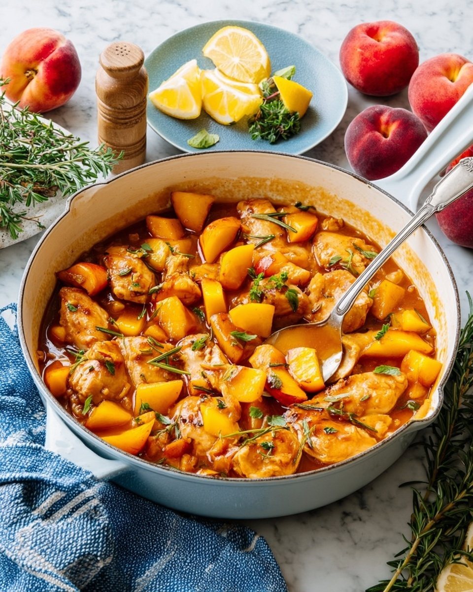 A white pan filled with cooked light brown pieces of chicken on the bottom layer, topped with bright orange chunks of roasted peaches and scattered green rosemary sprigs. The peach sauce is thick and glossy, pooling around the chicken and fruit, coating the sides of the pan. A silver spoon is resting inside the pan, filled with a mix of peach pieces and sauce. Around the pan, there are some fresh rosemary sprigs, a dish with lemon wedges, and red peaches placed on a white marbled surface, with a blue and white kitchen towel beside the pan. Photo taken with an iphone --ar 4:5 --v 7