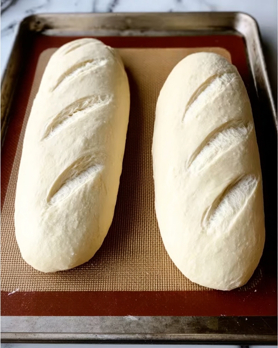 The image shows two long, smooth, pale dough loaves lying on a brown silicone baking mat placed on a metal tray. Each loaf has three neat, shallow slashes across the top, revealing slightly textured dough beneath the smooth surface. The background is a white marbled texture. photo taken with an iphone --ar 4:5 --v 7