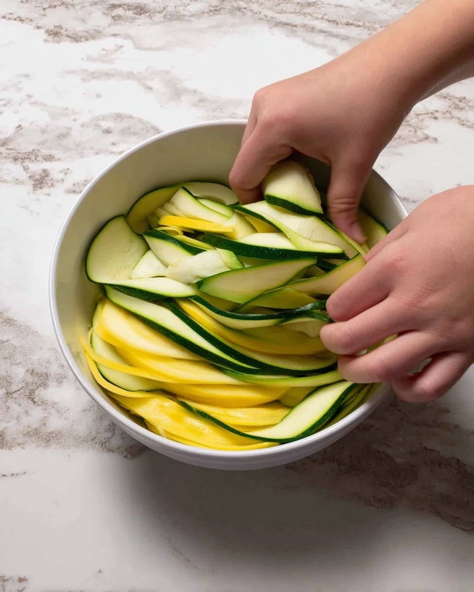 The image shows a white bowl filled with thin, long slices of green and yellow zucchini, arranged in loose overlapping layers. The green slices have a gentle curve and smooth texture with dark green edges, while the yellow slices are soft and slightly translucent with pale yellow centers. Two woman's hands are gently mixing or arranging the zucchini slices inside the bowl. The bowl sits on a white marbled surface with subtle gray and brown veins. Photo taken with an iphone --ar 4:5 --v 7