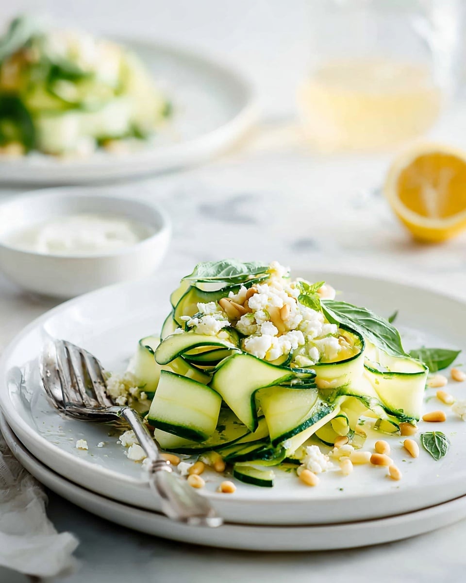 A white plate holds a small mound of thin, light green cucumber ribbons layered loosely and curled. On top and around the cucumber, there are small white crumbles of cheese and golden pine nuts scattered evenly. Thin dark green basil strips are sprinkled across the dish, adding contrast. A silver fork lies diagonally on the plate near the mound, with some cheese and pine nuts around it. In the background on a white marbled surface, there is a small white bowl filled with a white creamy sauce, a lemon wedge to the right, and another plate blurred with the same dish. The overall setting is bright with soft natural light, creating fresh and inviting colors. photo taken with an iphone --ar 4:5 --v 7