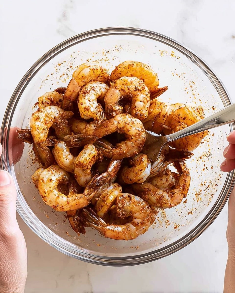 A clear glass bowl holds about two layers of peeled shrimp coated with reddish-brown seasoning, giving them a lightly speckled look with some shiny wetness. The shrimp are arranged loosely in the bowl, showing their curved shape and translucent texture beneath the spices. A woman's hand is holding the bowl from the left side while another woman’s hand holds a silver spoon stirring inside the bowl. The bowl sits on a white marbled surface. photo taken with an iphone --ar 4:5 --v 7