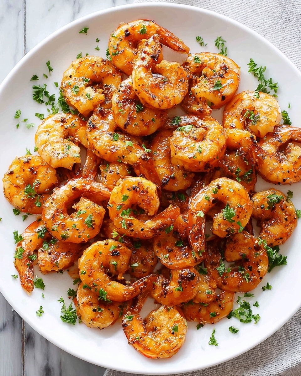 A white plate filled with two layers of cooked shrimp, the shrimp are orange with char marks and a glossy texture from cooking oil or sauce. They are spread evenly across the plate with some small green parsley leaves sprinkled all over, adding a fresh contrast to the orange shrimp. The plate is on a white marbled surface, and the shrimp look lightly seasoned with visible specks of black pepper or herbs. photo taken with an iphone --ar 4:5 --v 7