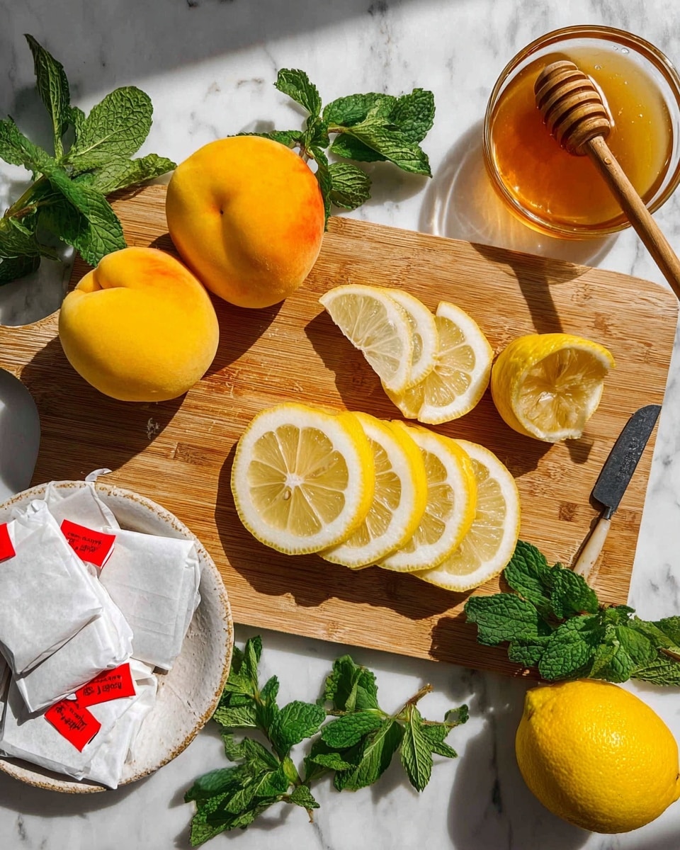 The image shows a wooden cutting board placed on a white marbled surface. On the board, there are three fresh yellow peaches near the top left, and to the right, a row of five lemon slices laid out next to a half lemon cut with a small knife resting beside it. To the upper right of the board, there is a small transparent bowl filled with honey holding a honey dipper. Around the board, sprigs of fresh green mint leaves are scattered on the surface. On the lower left, a white plate holds several tea bags with red tags lying on top. A whole lemon sits on the far right side of the image. The lighting creates soft shadows, giving the image a fresh and bright look. Photo taken with an iphone --ar 4:5 --v 7