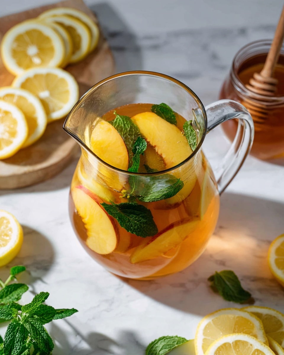A clear glass pitcher filled with pale amber liquid, showing layers of sliced yellow peach wedges and bright green mint leaves floating on top. A few thin lemon slices with white flesh and yellow peel rest among the peaches and mint. Around the pitcher on a white marbled surface, there are lemon slices on a wooden board, sprigs of mint, and a glass jar with an amber liquid and wooden honey dipper. Soft shadows and light reflections add texture to the scene. photo taken with an iphone --ar 4:5 --v 7
