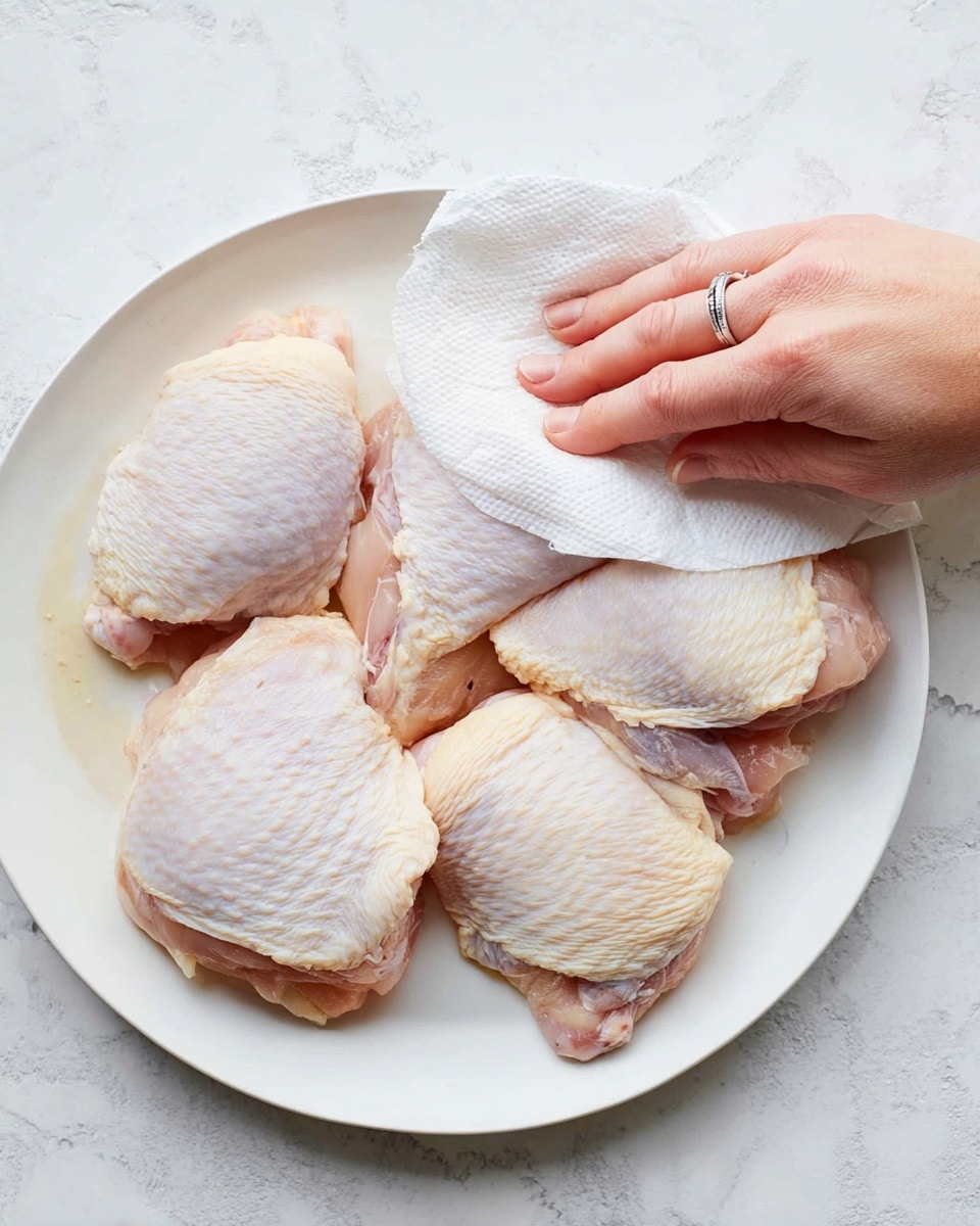 A white round plate holds four pieces of raw chicken thighs, each with a pale pink and white color showing the skin and flesh. The chicken pieces are naturally textured with soft wrinkles and some light fat patches. A woman's hand with a silver ring on the ring finger presses a white paper towel onto one piece near the top right of the plate. The plate rests on a surface with a white marbled texture. photo taken with an iphone --ar 4:5 --v 7