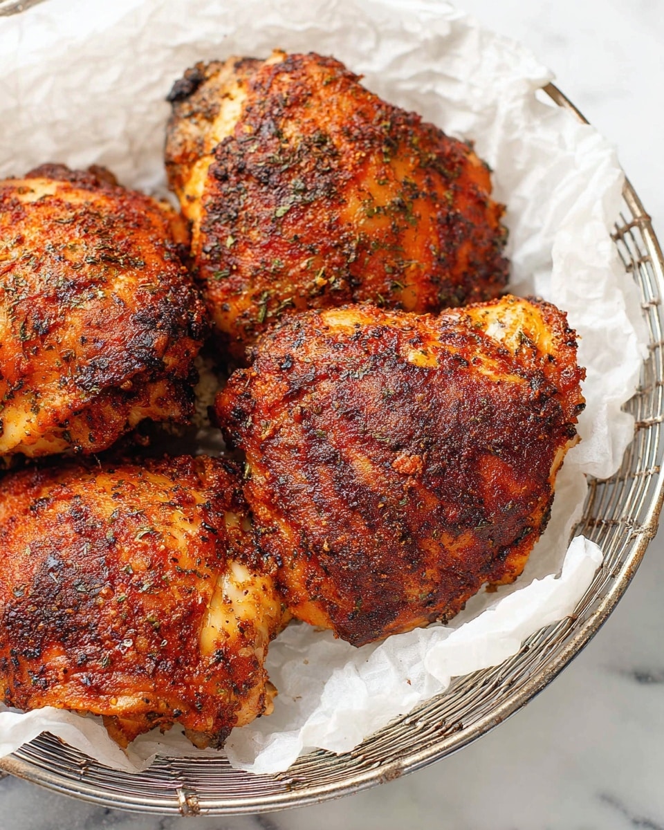 A metal round basket holds four pieces of cooked chicken thighs with a reddish-brown crispy skin covered in herbs and spices. The chicken pieces have a textured surface showing a mix of golden, dark brown, and slightly charred areas. The basket is lined with crumpled white parchment paper, and the background is a white marbled surface. photo taken with an iphone --ar 4:5 --v 7