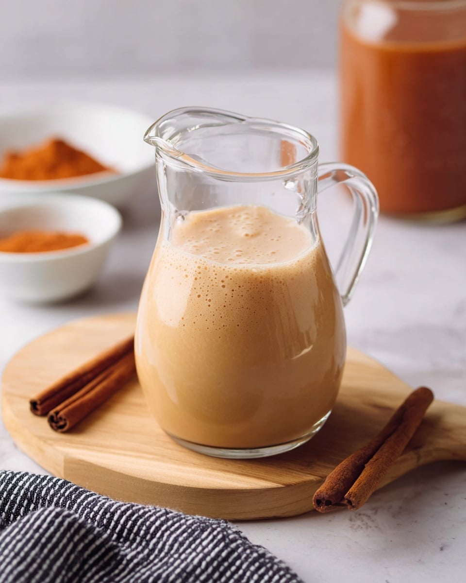 A clear glass pitcher filled three-fourths with light brown creamy liquid with tiny bubbles on top is placed on a light wooden board over a white marbled surface. Near the pitcher, two cinnamon sticks lie side by side on the board. In the soft-focus background, there are two small white bowls filled with a reddish-brown powder, and a glass jar holding more of the same liquid as in the pitcher. A folded black and white striped cloth is partially visible at the bottom edge of the image. The photo taken with an iphone --ar 4:5 --v 7