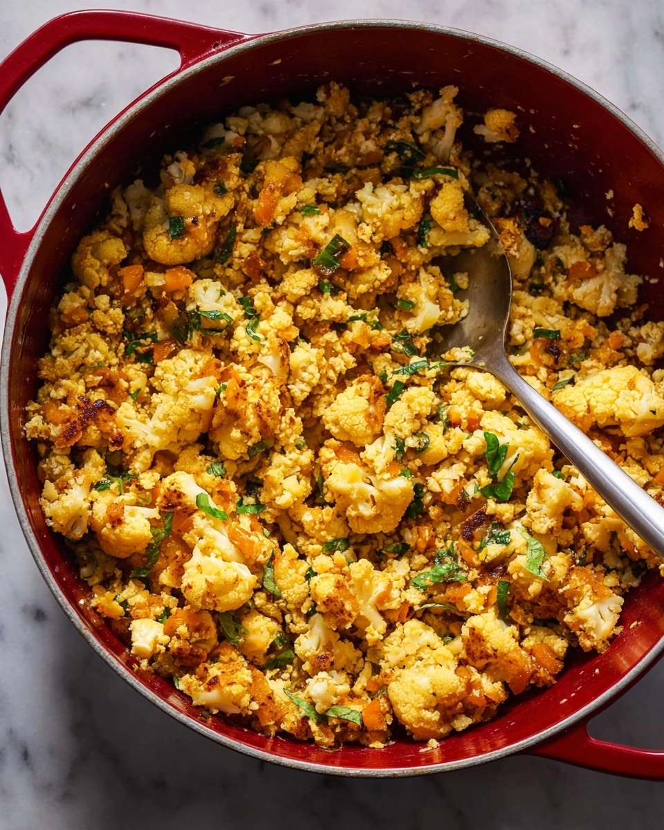 The image shows a close-up of a red cooking pot filled with scrambled cauliflower that is cooked to a light golden brown color and mixed with green herbs and small pieces of orange vegetables. The cauliflower pieces are uneven and have a soft, crumbly texture, while the green herbs add fresh spots of color throughout the mixture. A silver spoon is partially buried in the pot, lifting some of the cauliflower mix. The pot is resting on a white marbled surface. Photo taken with an iphone --ar 4:5 --v 7