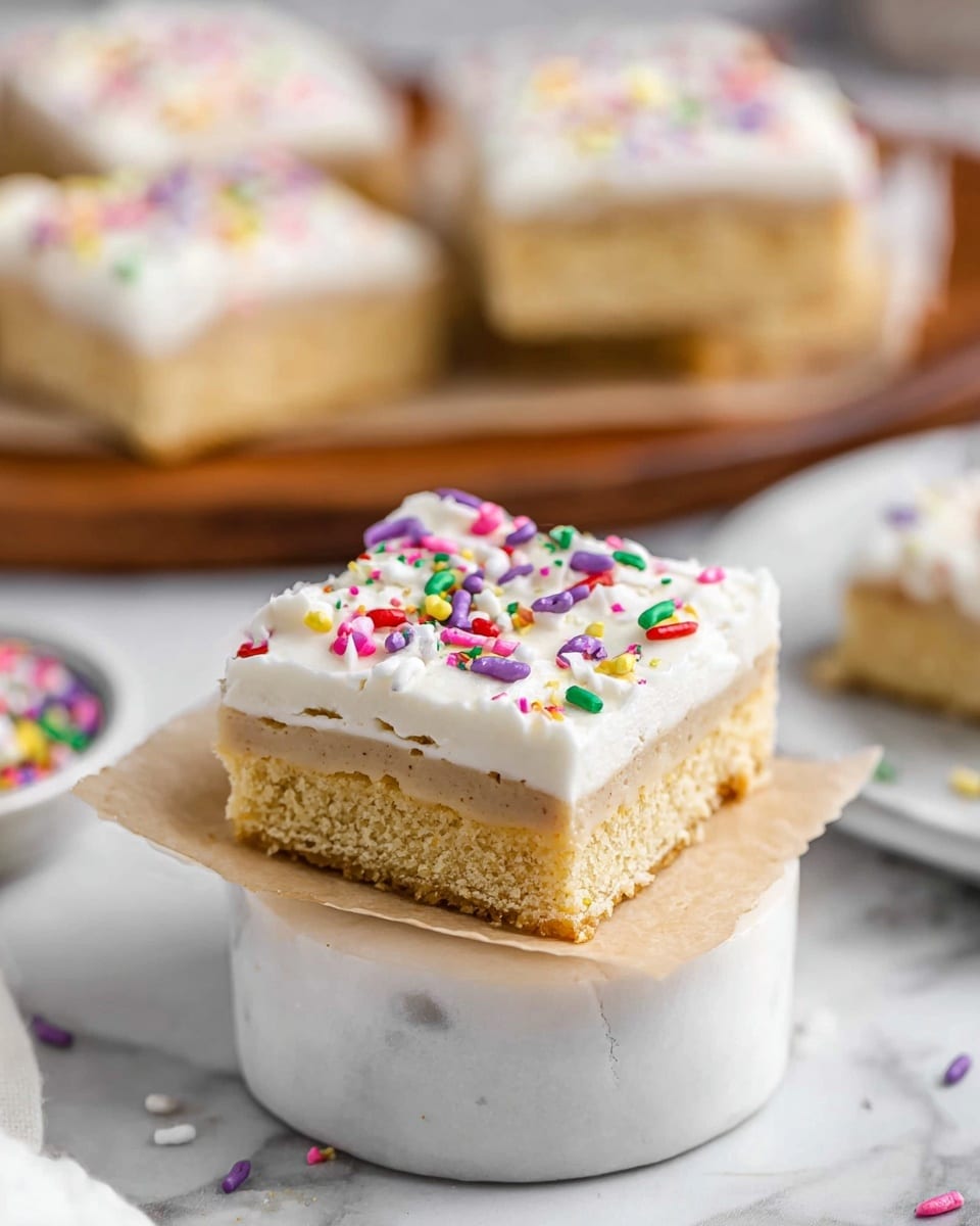 A close-up of a square dessert bar with three layers: the bottom layer is a pale golden, crumbly base, the middle layer is a thicker, soft and moist light brown filling, and the top layer is a smooth white frosting decorated with colorful rainbow sprinkles in red, green, yellow, purple, and white. The bar is placed on a small piece of parchment paper, resting on a white cylindrical object with soft folds of white fabric around it, set against a white marbled surface. In the blurred background, similar dessert bars are visible on a wooden board and a white plate. Photo taken with an iphone --ar 4:5 --v 7