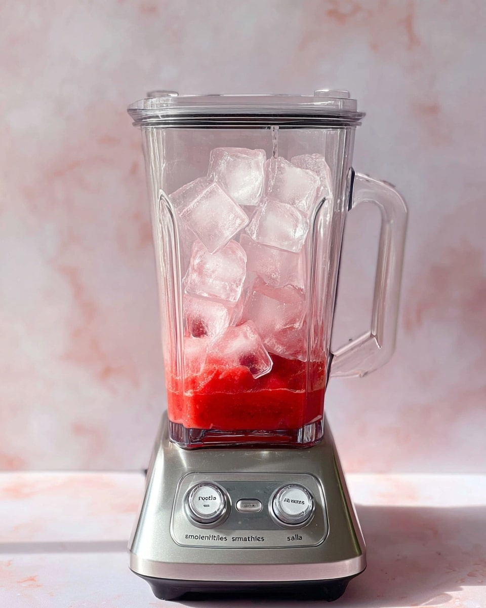 A clear glass blender filled with large, transparent ice cubes stacked on top of a bright red mixture that contains small fruit pieces at the bottom. The blender sits on a sleek silver base with control buttons labeled