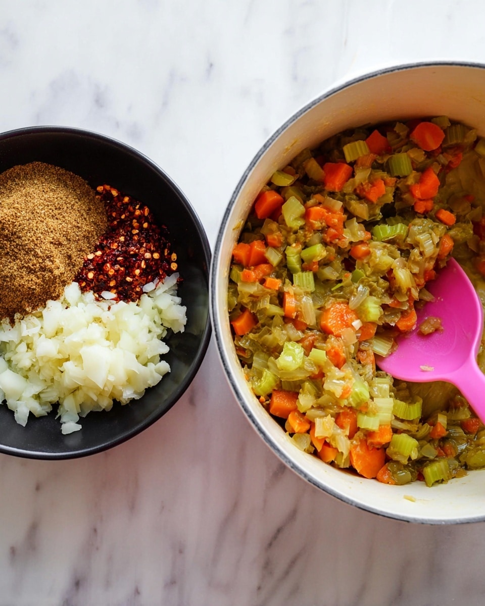 The image shows two parts: on the left, a small black bowl holds three layers of ingredients separated by color and texture—white minced garlic on the bottom left, red chili flakes on the top left, and a light brown ground spice filling the right half; on the right side, a white pot contains cooked vegetables with layers of sautéed light green celery pieces, translucent diced onions, bright orange carrot slices, and a few green bits of herbs, all mixed together and being stirred with a bright pink spoon. The background surface is white marbled texture photo taken with an iphone --ar 4:5 --v 7