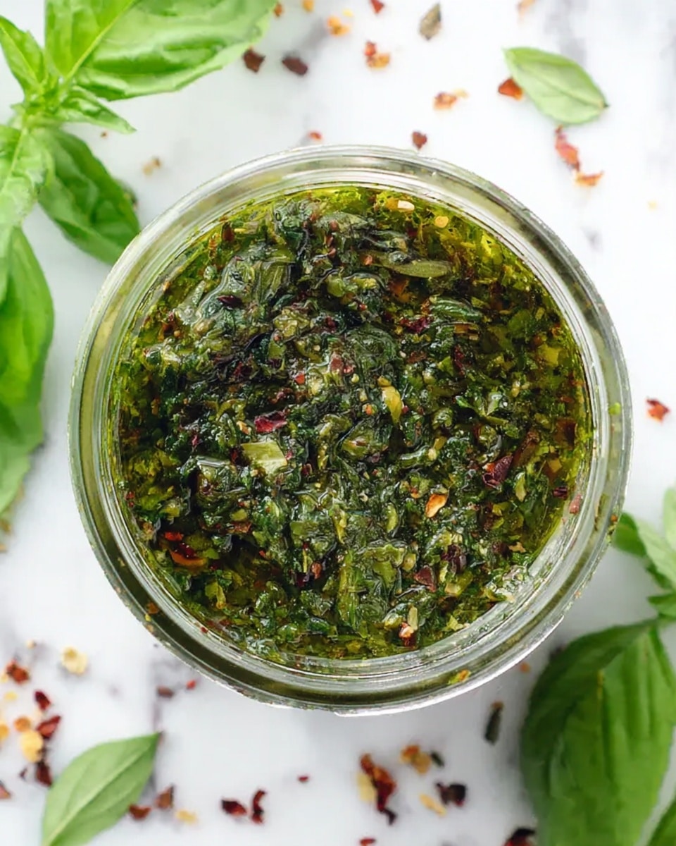 A close-up top view of a glass jar filled with a thick green herb mixture that looks like pesto. The mixture has visible dark green leafy bits, small light brown herb pieces, and some tiny red flakes mixed throughout. The jar is placed on a white marbled surface. Around the jar, there are fresh green basil leaves and small scattered dried herb and spice flakes in dark red and brown. The overall look is fresh, vibrant, and textured. photo taken with an iphone --ar 4:5 --v 7