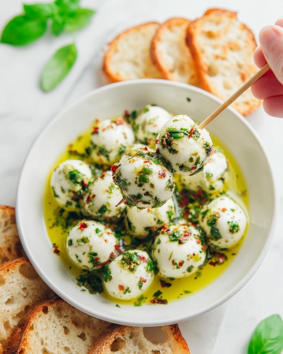 The image shows a white bowl filled with small white mozzarella balls covered in green herbs and red pepper flakes, sitting in bright yellow olive oil. A skewer of three mozzarella balls is held above the bowl by a woman's hand, with the balls glistening from the oil and herbs. Around the bowl, there are toasted slices of bread arranged on a white marbled surface, and fresh green basil leaves are partially visible nearby. The scene is bright and clean, focusing on the fresh colors and textures of the cheese, herbs, and bread. photo taken with an iphone --ar 4:5 --v 7