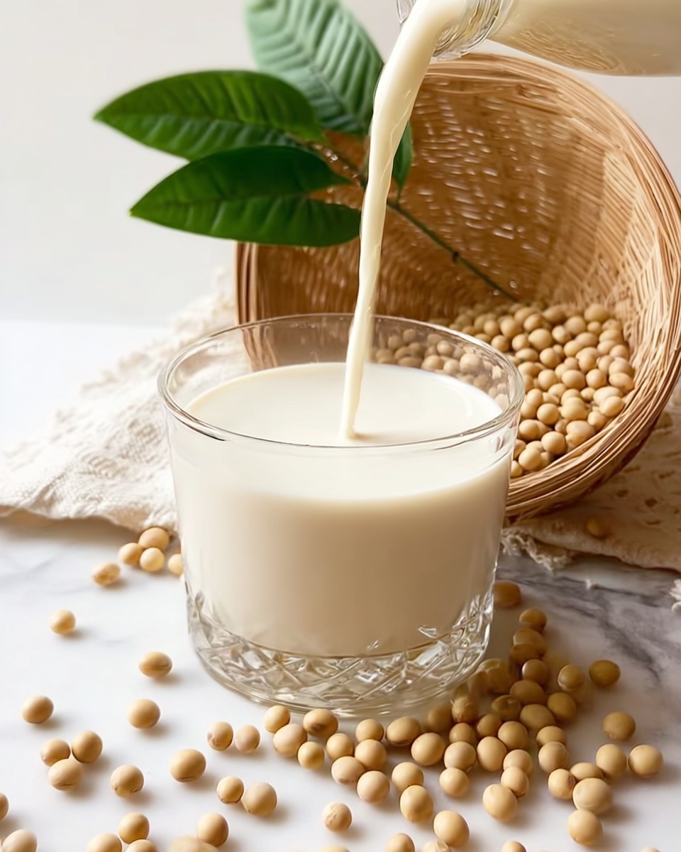 A clear glass is placed in the center of a white marbled surface, being filled with a light creamy liquid that is poured from above, showing a smooth and flowing texture. Around the glass there are many light brown round soybeans scattered loosely. Behind the glass, there is a light-colored woven basket tilted slightly backward with two long green leaves resting on top, adding a natural touch to the scene. The overall colors are soft and natural, highlighting the creamy liquid and soybeans. Photo taken with an iphone --ar 4:5 --v 7