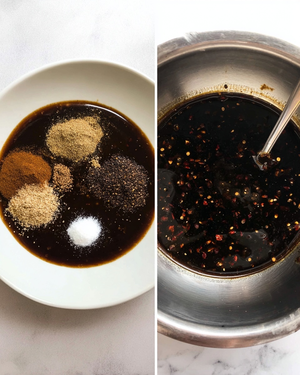The image shows two views of a dark sauce mixture. On the left, a white plate holds a thick dark brown sauce with several powder spices sprinkled in separate small piles on top—a light tan, white, and dark brown powder. The sauce has a shiny surface with different textures where the powders rest. On the right, a stainless steel bowl contains the sauce fully mixed, showing a black liquid with tiny red and brown spice bits floating evenly. A metal spoon is partially submerged in the sauce. Both are on a white marbled textured surface. Photo taken with an iphone --ar 4:5 --v 7