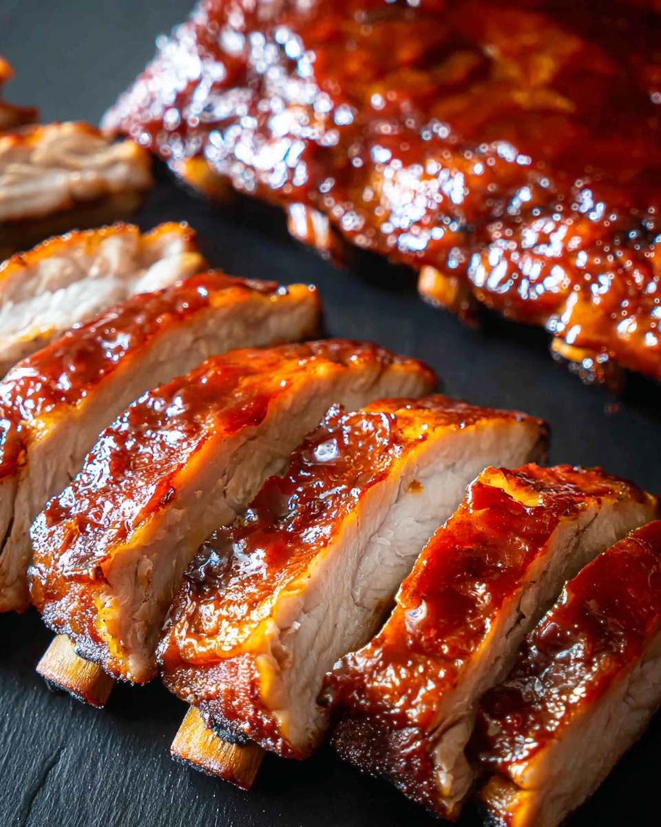 The image shows a close-up of shiny, glazed ribs on a black surface. There is one whole rib piece in the background that is a deep reddish-brown color with a smooth and sticky sauce coating. In the front, there are six rib slices, each with a thick layer of sauce on top that is glossy and dark red-brown. The inside of the slices is white with visible juicy texture, while the edges have a caramelized, slightly crispy look. The ribs are arranged in a row with the whole rib piece behind them. photo taken with an iphone --ar 4:5 --v 7
