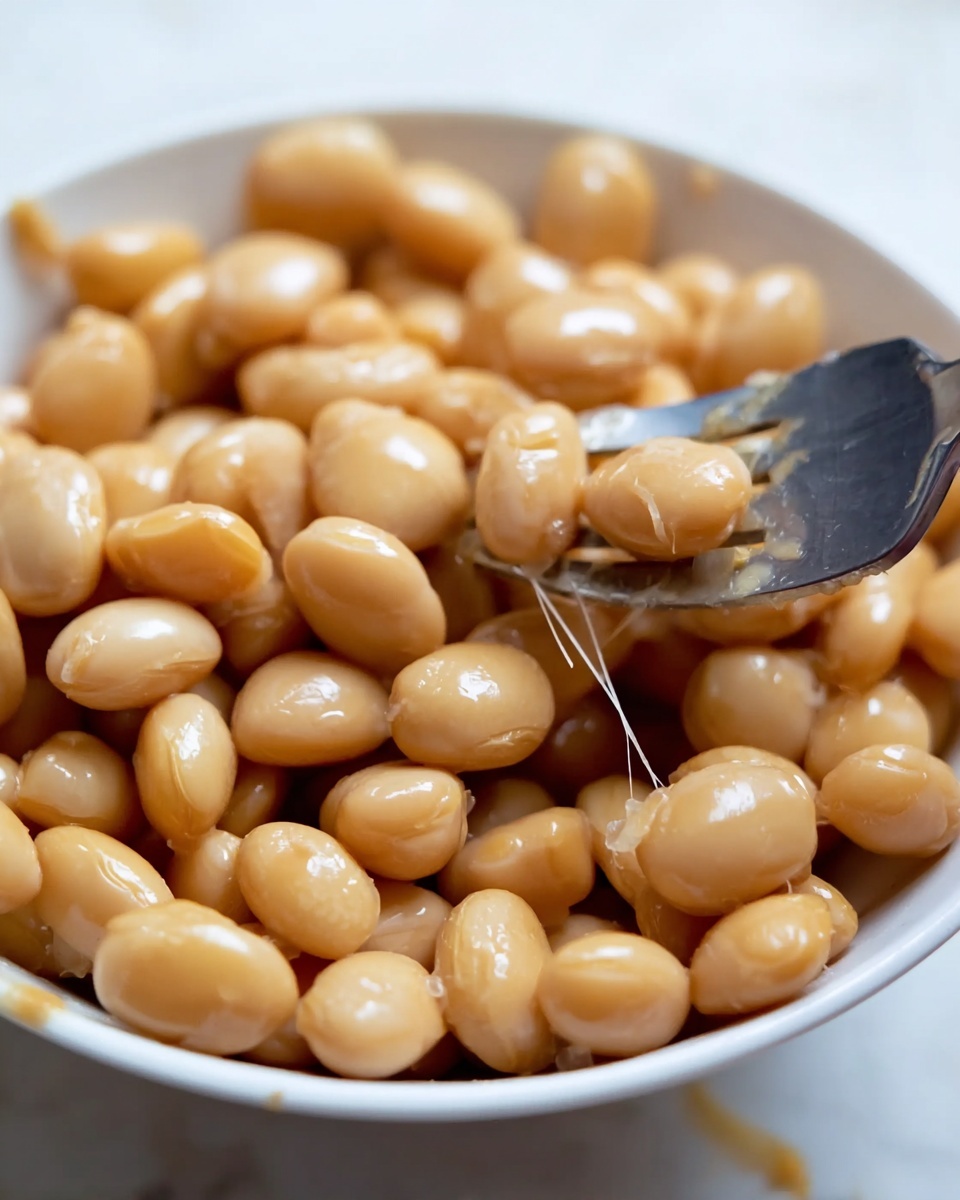 A close-up view of a white bowl filled with many shiny, pale beige fermented soybeans that have a soft and slightly sticky texture. The soybeans are piled high, and thin sticky strings stretch between them, showing their fermented quality. A silver fork enters from the right side, lifting a small cluster of soybeans. The background is a white marbled surface, softly blurred to focus on the beans. photo taken with an iphone --ar 4:5 --v 7