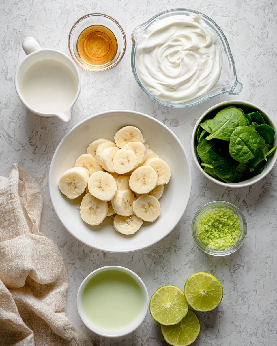 A top view of ingredients arranged on a white marbled surface: a white bowl in the center holds three layers of sliced banana rounds, each light yellow with soft texture. Surrounding it are small white bowls and a clear measuring cup: one with thick white yogurt showing smooth swirls, one with bright green spinach leaves with a fresh matte texture, one small bowl with light green lime zest finely grated, another with light amber honey with a glossy liquid surface, a white bowl with pale green lime juice, and a clear measuring cup filled with white coconut milk. Two halved limes with a juicy green interior sit near the lime zest bowl. A beige cloth is folded in the lower left corner. photo taken with an iphone --ar 4:5 --v 7
