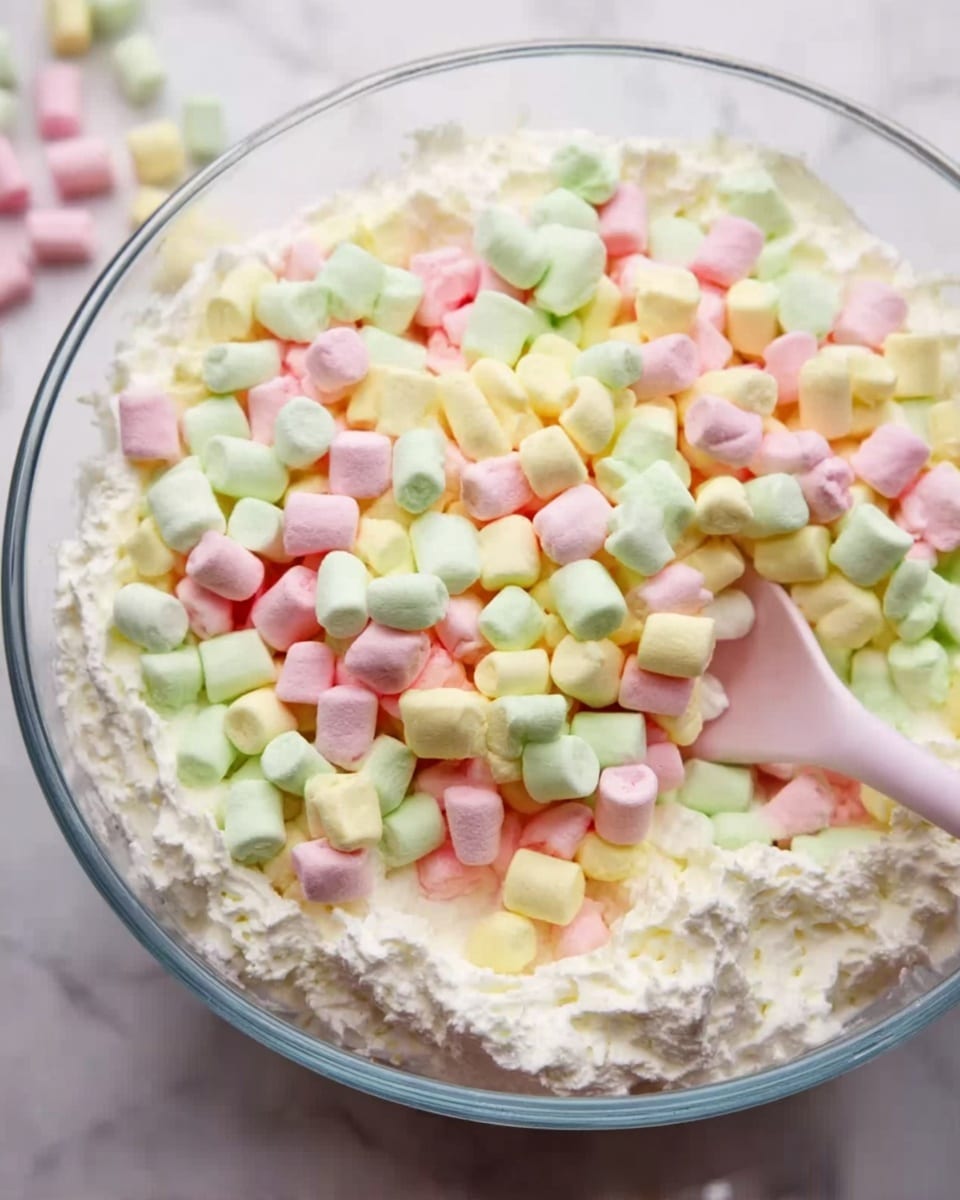 A clear glass bowl filled with a creamy white mixture that looks soft and fluffy. On top of this layer, a thick and even spread of small, colorful mini marshmallows in pastel shades of green, yellow, pink, and white covers the surface, creating a bumpy, textured look. A pale pink spoon stands inside the bowl on the right side, resting among the marshmallows. The bowl sits on a white marbled surface, giving a clean and bright background. Photo taken with an iphone --ar 4:5 --v 7