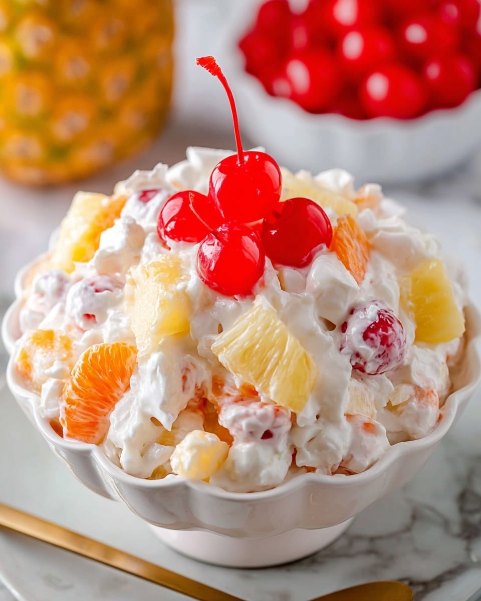 A tall clear glass filled with a creamy white mixture that has visible chunks of bright yellow pineapple pieces, soft white marshmallows, and orange mandarin segments mixed in. Red cherries are scattered inside the glass and one glossy red cherry with a curved stem tops the dessert like a crown. The glass sits on a white marbled surface with a blurred pineapple in the back left and a small white bowl full of shiny red cherries on the right. A golden spoon rests to the left on the same surface. photo taken with an iphone --ar 4:5 --v 7