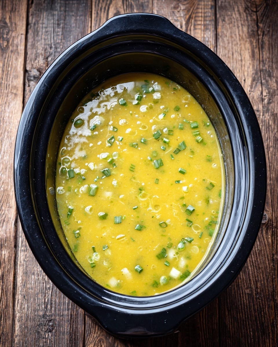 An oval black slow cooker filled with a thick yellow soup that has a smooth texture with some small bubbles. Inside the soup, there are scattered pieces of green chopped vegetables and small white chunks that float on the surface. The soup partially covers what looks like round light brown slices at the bottom. The slow cooker rests on a wood-textured surface. Photo taken with an iphone --ar 4:5 --v 7