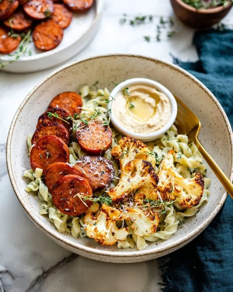 Fall Harvest Grain Bowls with Roasted Sweet Potatoes, Cauliflower, and Creamy Orzo Recipe