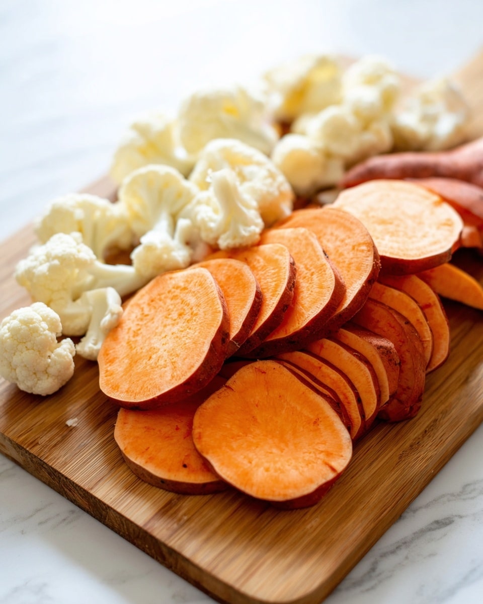 The image shows a wooden cutting board resting on a white marbled surface. On the cutting board, there are two types of vegetables: in the front, there is a pile of thinly sliced sweet potatoes with a bright orange color and a smooth texture, neatly stacked and fanned out in layers. Behind the sweet potatoes, there are small pieces of cauliflower with a white, bumpy texture, scattered loosely but still grouped together. The lighting is bright, making the colors of the vegetables look fresh and vivid. Photo taken with an iphone --ar 4:5 --v 7