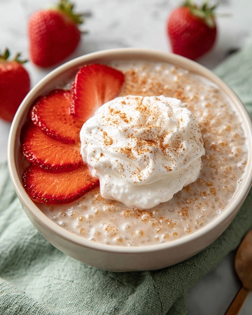 A white round bowl filled with a creamy beige tapioca pudding base with small tapioca pearls visible throughout. On one side of the bowl, there are thin slices of bright red strawberries fanned out. On top of the pudding, in the center, there is a thick swirl of white whipped cream sprinkled with a light dusting of cinnamon or nutmeg. The bowl sits on a pale green cloth on a white marbled surface with two whole strawberries blurred in the background. Photo taken with an iphone --ar 4:5 --v 7