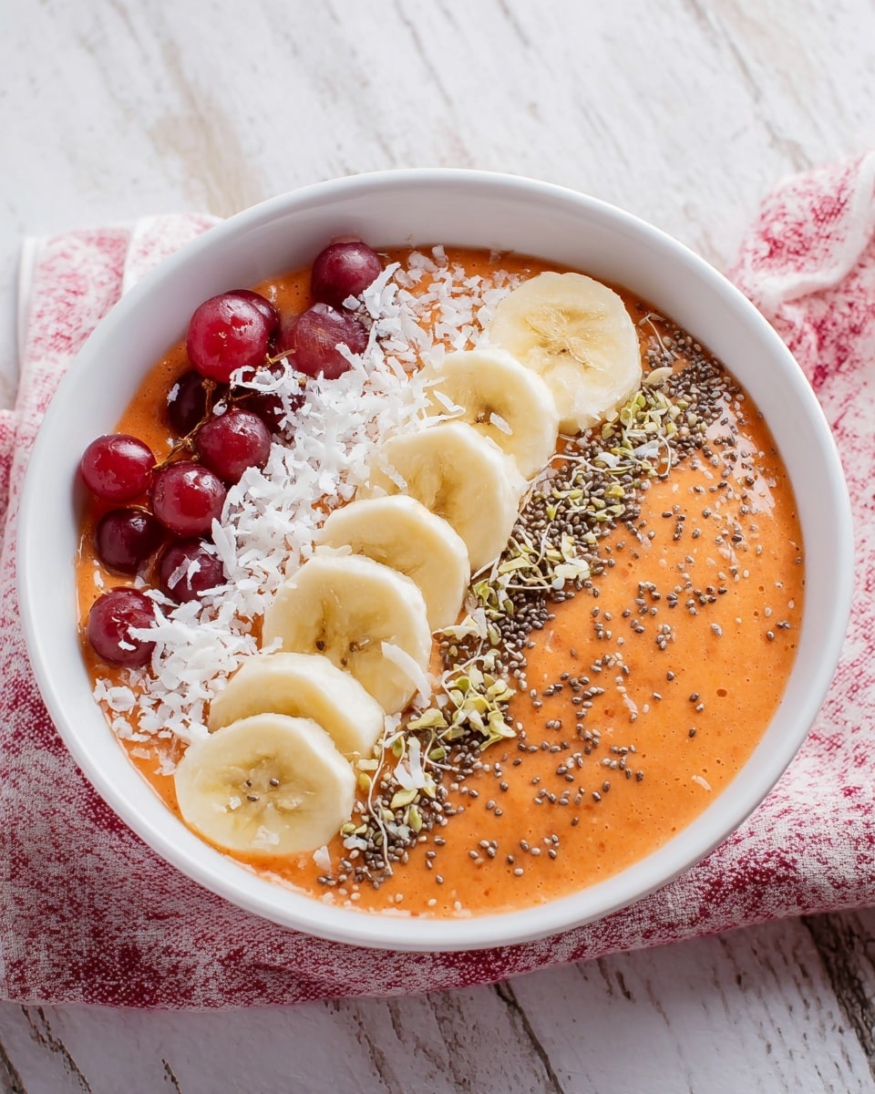 A white bowl filled with a smooth, thick orange smoothie as the base layer. On top, there is a neat row of sliced banana pieces, pale yellow with a soft texture, placed slightly off-center. Around the banana slices, there are white coconut flakes scattered, adding a thin, flaky texture. Near the banana, on one side, there are glossy, dark red grapes arranged in a small cluster. The entire topping is sprinkled lightly with small black chia seeds and pale hemp seeds, adding a speckled, coarse texture. The bowl sits on a white marbled surface with a pink and white cloth partially visible beside it. photo taken with an iphone --ar 4:5 --v 7
