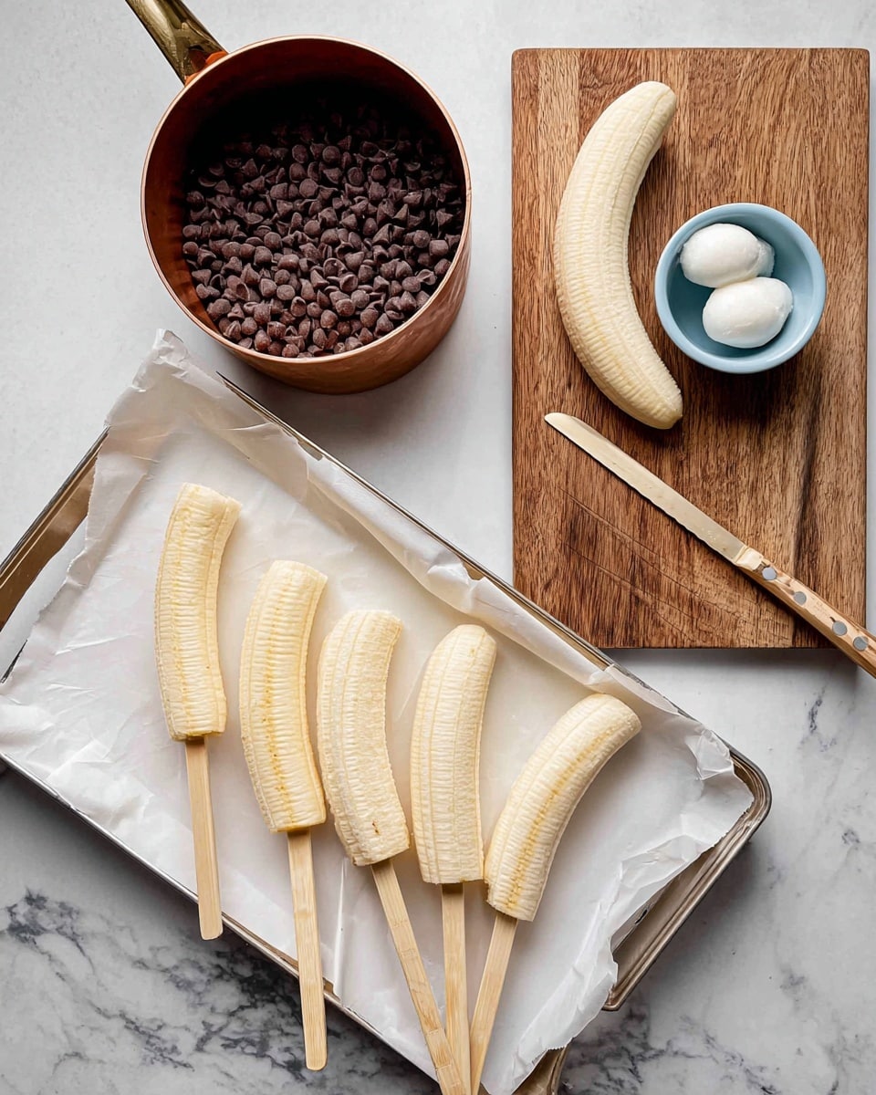 The image shows peeled bananas placed on wooden sticks arranged on a white tray lined with parchment paper; next to the tray, there is a wooden cutting board with peeled banana ends, a knife, and a couple of wooden sticks. Above the tray on the left side, there is a copper saucepan filled with dark brown chocolate chips, and on the wooden board to the right, a small white bowl with a blue inside holds two white scoops of coconut oil. The surface beneath everything is a white marbled texture. photo taken with an iphone --ar 4:5 --v 7