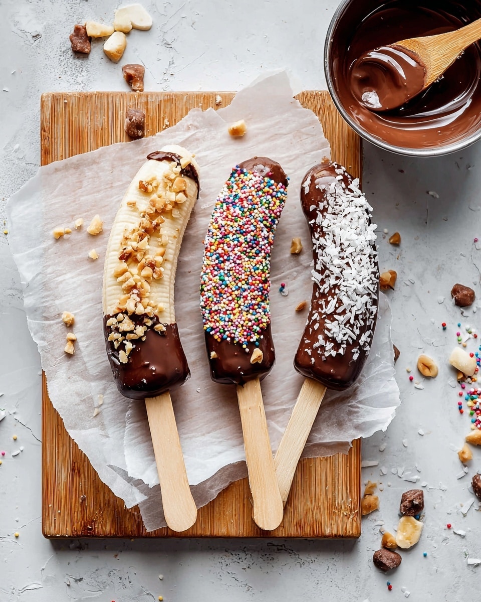 Three frozen bananas on wooden sticks lie on white paper on a wooden board on a white marbled texture. Each banana is dipped halfway into smooth dark brown chocolate. The left banana is covered with rough chopped light brown nuts on the chocolate part. The middle banana is covered with colorful round sprinkles over the chocolate. The right banana is covered with white coconut flakes along one side of the chocolate. In the top right corner, a pot with shiny, melted chocolate and a wooden spoon is visible. Scattered candy sprinkles and coconut flakes are around the bananas on the board and the surface. photo taken with an iphone --ar 4:5 --v 7