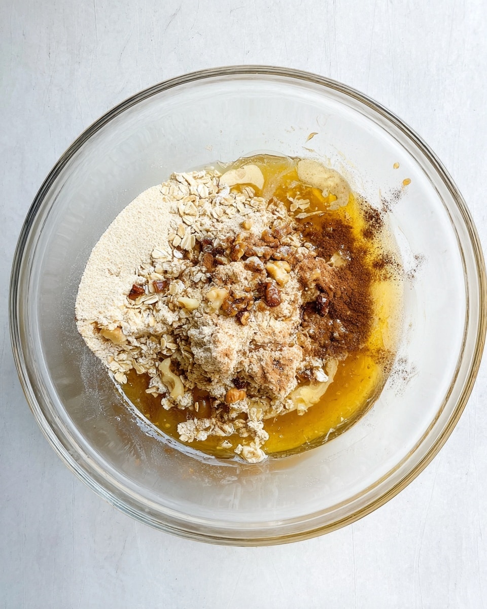 A clear glass bowl on a white marbled surface holds several baking ingredients not yet mixed. The bottom layer is a thick golden liquid honey spread unevenly across the base. On top of this honey, light beige flour is scattered mostly in the center. Another layer of pale oat flakes mixed with chopped brown nuts spreads across one side. Small patches of dark brown cinnamon powder lightly cover parts of the flour and nuts, adding speckles of color. The bowl is plain and round with a smooth clear texture showing all the layers inside. photo taken with an iphone --ar 4:5 --v 7