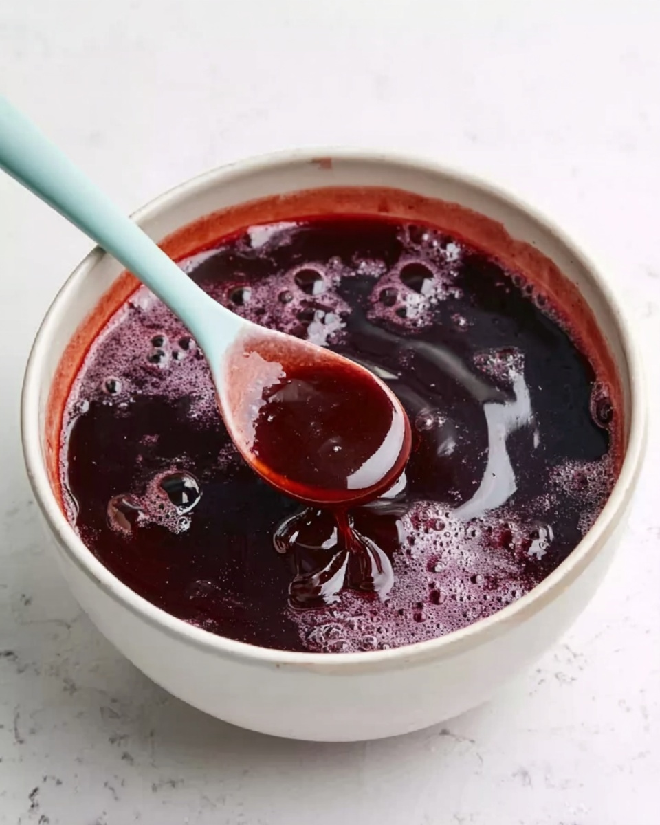A white bowl filled with a thick, dark purple sauce that has a glossy texture and some light bubbles on the surface. A light blue spoon is resting inside the bowl, partially dipped in the sauce, showing the rich, smooth liquid coating the spoon's tip. The bowl is placed on a white marbled surface that adds a clean and bright background to the image. photo taken with an iphone --ar 4:5 --v 7