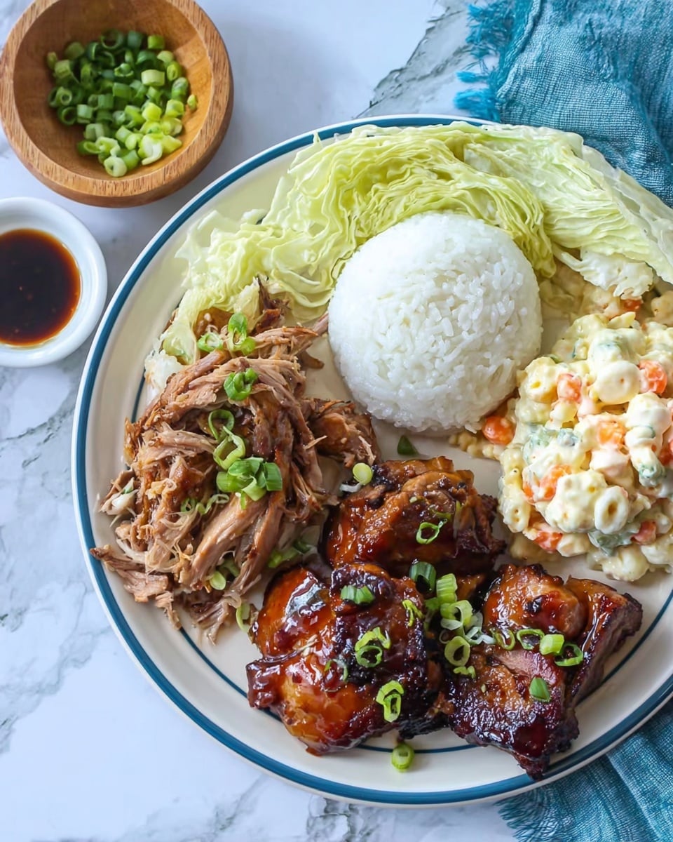 The image shows a white plate with a blue rim, placed on a white marbled surface with a blue cloth on the side. The plate contains four main parts: at the top right, a round mound of white rice; next to it on the right side, a scoop of creamy macaroni salad with small bits of carrots mixed in; below the rice and salad, several pieces of dark brown glazed meat garnished with chopped green onions; to the left, a pile of shredded light brown meat resting on a bed of light green cabbage. There is a small white bowl filled with dark sauce and a wooden bowl with chopped green onions nearby. photo taken with an iphone --ar 4:5 --v 7