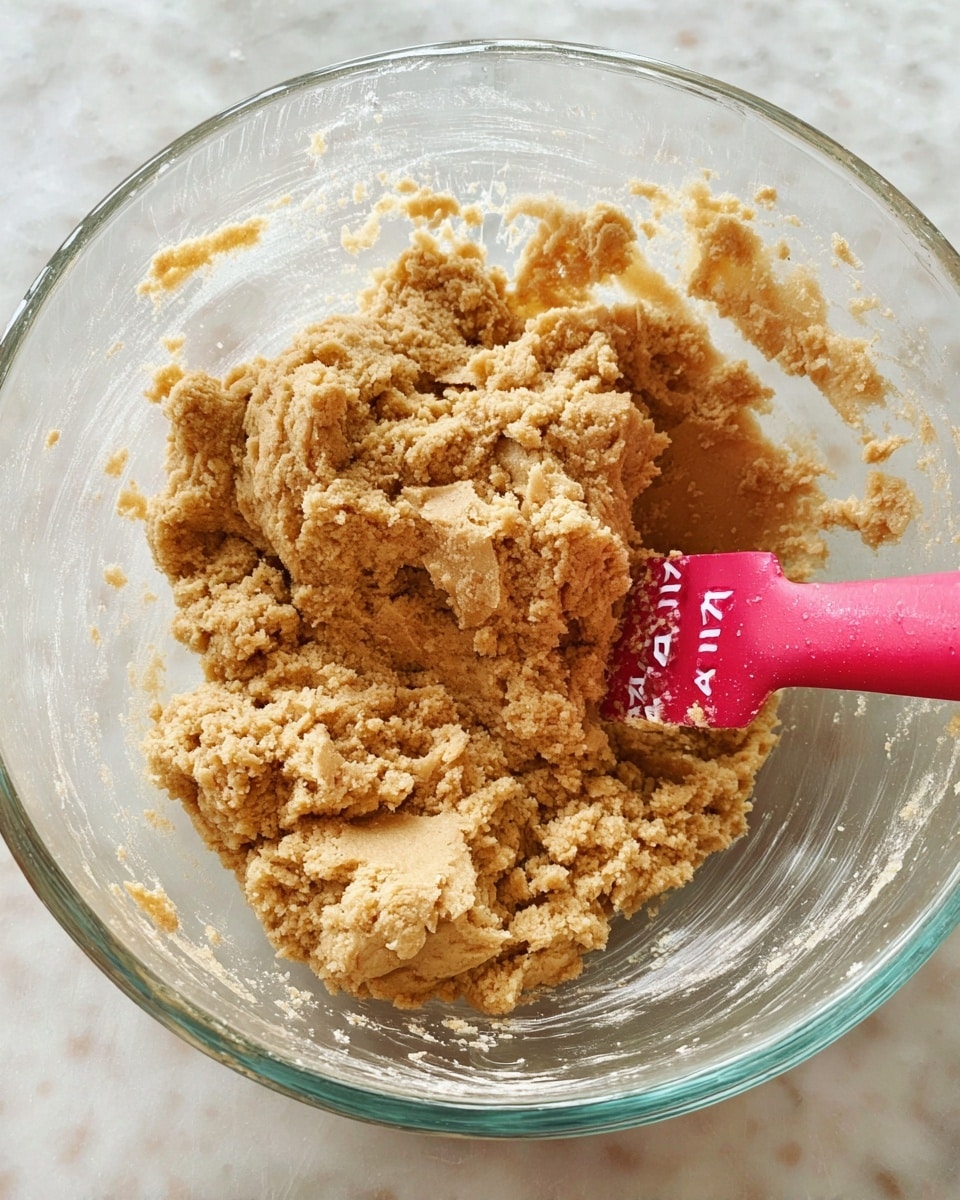 A clear glass bowl filled with thick, light brown dough that has a coarse, crumbly texture. The dough is unevenly piled in the center, with some dough spread along the sides of the bowl. A pink spatula with white text rests inside the bowl, partially covered by the dough on the right side. The bowl is placed on a white marbled surface. photo taken with an iphone --ar 4:5 --v 7
