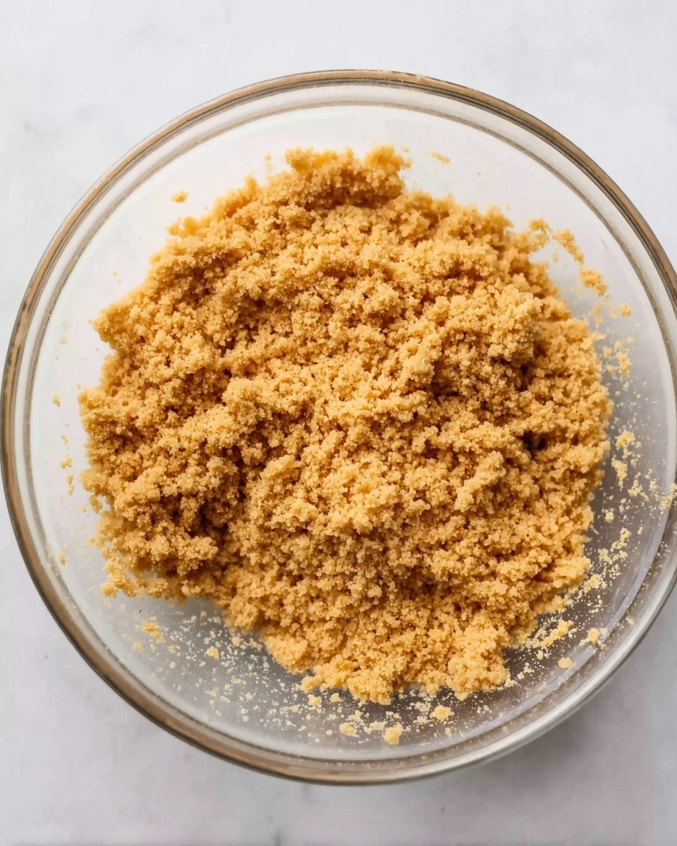 A clear glass bowl sits on a white marbled surface, filled with a single layer of crumbly, light brown mixture. The mixture has a sandy texture, evenly spread across the bottom of the bowl with some small clumps, and some crumbs scattered near the edges inside the bowl. The lighting is even, showing the coarse details of the crumbs. photo taken with an iphone --ar 4:5 --v 7