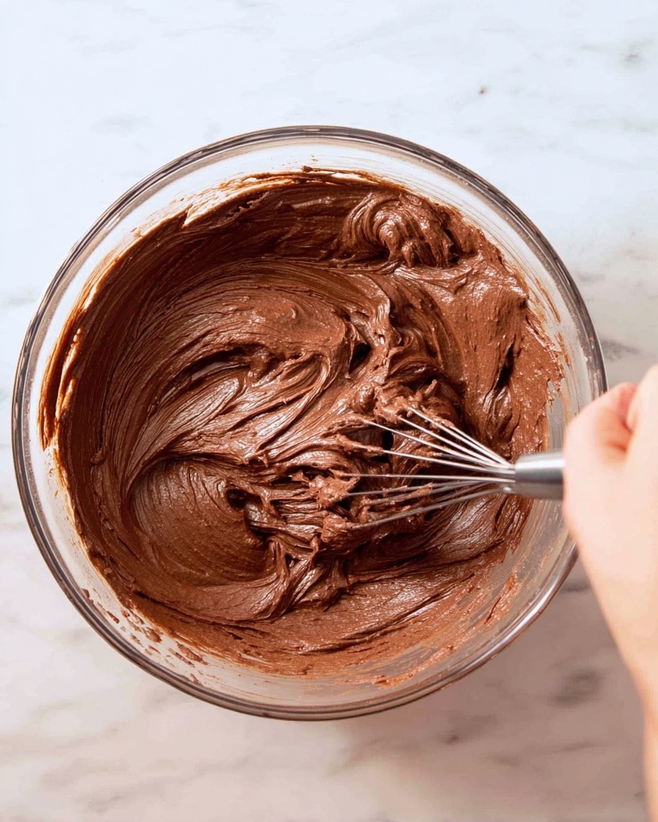 A clear glass bowl filled with thick, smooth chocolate mixture being mixed by a metal whisk held by a woman's hand visible at the bottom, showing swirls and folds of the rich chocolate cream in a deep brown color, with some parts showing lighter and darker shades due to the mixing motion. The bowl is placed on a white marbled surface. photo taken with an iphone --ar 4:5 --v 7