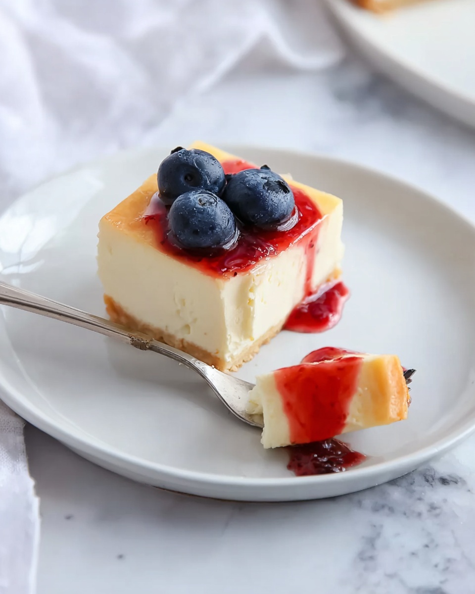 A small square slice of creamy cheesecake sits on a white plate with smooth edges. The cheesecake has a pale yellow top layer and a denser white bottom layer. Three shiny, fresh blueberries rest on top of the cheesecake. A glossy red berry sauce is drizzled over the cheesecake, pooling slightly on the plate. Next to the slice, a small triangular piece of cheesecake is topped with more of the red sauce. A silver knife lies diagonally across the plate, its blade touching the slice. The plate is placed on a white marbled surface with soft natural light. Photo taken with an iphone --ar 4:5 --v 7