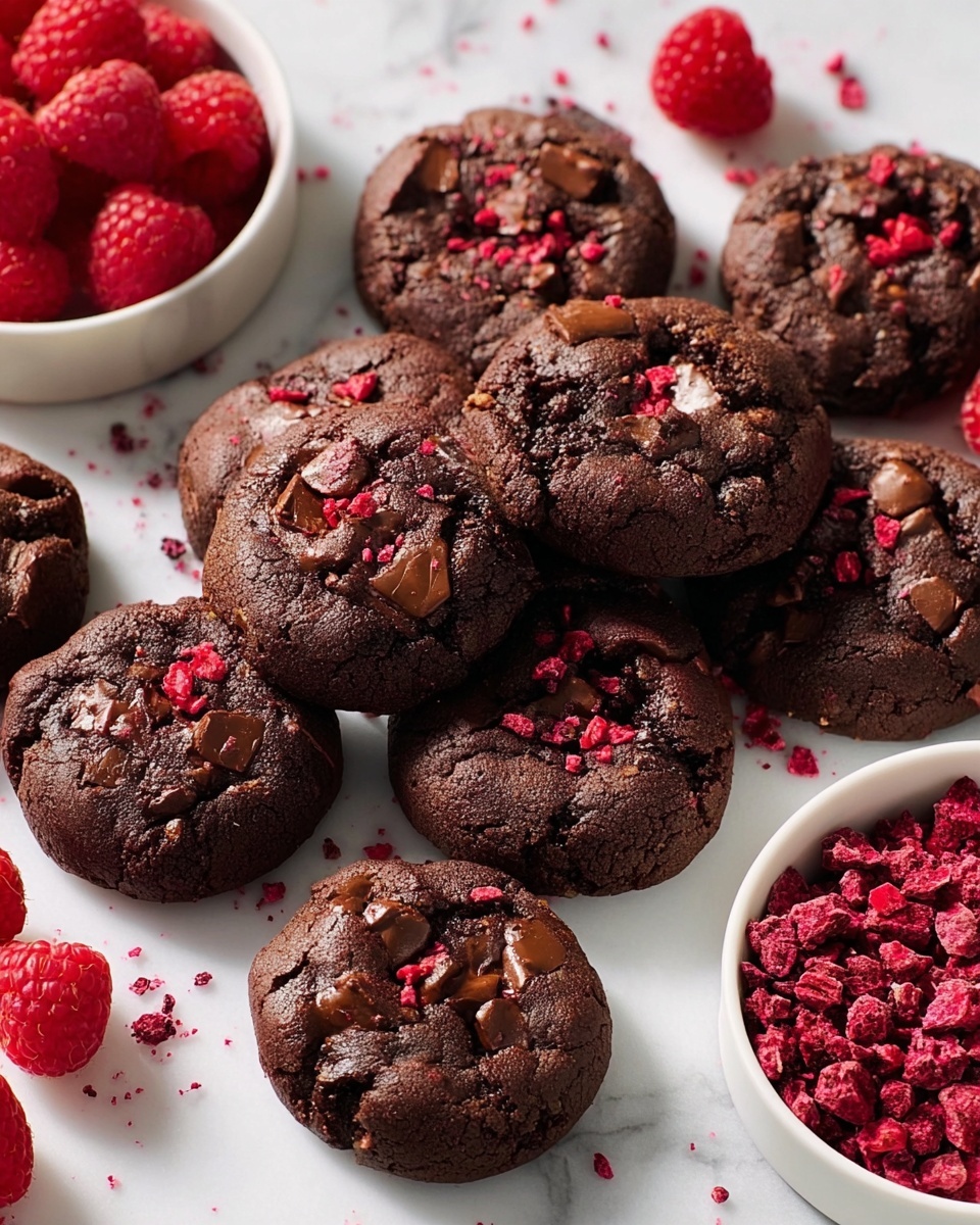 The image shows a group of dark chocolate cookies, arranged closely together on a white marbled surface. Each cookie has a rough round shape with visible chunks of lighter brown chocolate and small bright red bits sprinkled on top, giving a textured look. The cookies have a deep rich brown color with slightly cracked tops. Around the cookies, there are fresh red raspberries scattered, along with a white bowl filled with raspberries on the left and another white bowl on the right containing crushed red raspberry pieces. The lighting highlights the cookies' shiny and slightly moist surface. Photo taken with an iphone --ar 4:5 --v 7