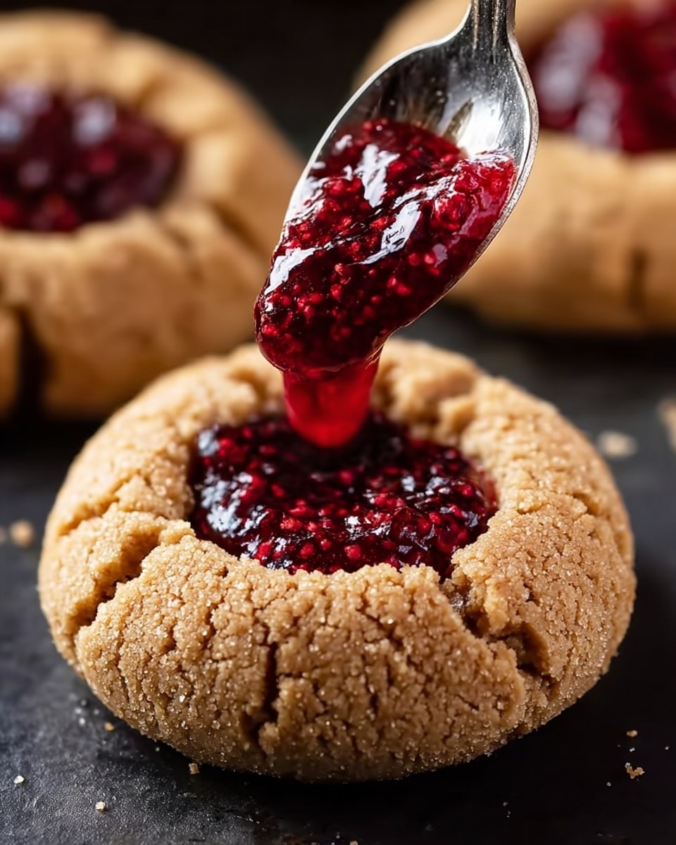A close-up image shows a small round cookie with a rough, crumbly texture and a light brown color sitting on a dark surface. The cookie has a well in the center filled with shiny, deep red jam that looks chunky and vibrant. A metal spoon is placing more jam into the hollow of the cookie, with the spoon's reflective surface catching light. Another similar cookie with red jam is partially visible in the background. The overall look is warm and inviting. photo taken with an iphone --ar 4:5 --v 7