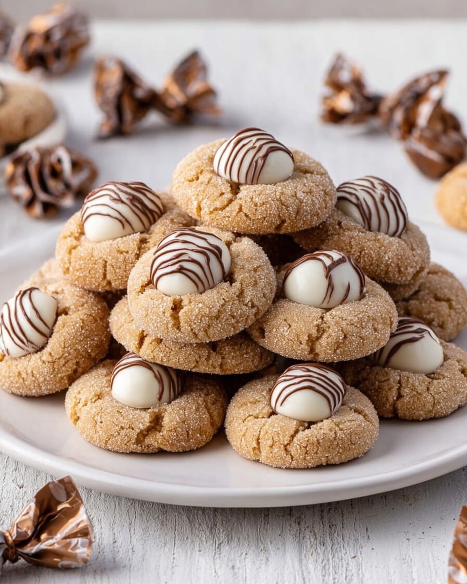 A white plate is filled with a pile of round cookies, each cookie has a cracked light brown sugar texture on the surface with a sugar coating, topped in the center with a white chocolate drop that has dark brown swirls on it. The cookies are stacked in layers, showing rough edges and a soft center where the chocolate drop sits. The scene is set on a white marbled textured surface with some wrapped chocolate drops scattered around the plate. Photo taken with an iphone --ar 4:5 --v 7