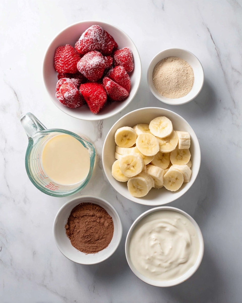 The image shows six containers with different ingredients arranged on a white marbled surface. At the bottom left, there is a clear glass measuring cup filled with a pale yellow liquid. Above it, a white bowl holds bright red frozen strawberries covered with frost. To the right of the strawberries, there is a white bowl filled with sliced yellow bananas. Above the bananas, a small white bowl contains a light brown powder, while to the left of that, another white bowl is filled with a darker brown powder. At the bottom right, a white bowl contains a creamy white yogurt-like substance. The containers are evenly spaced, showing a clean and simple layout. Photo taken with an iphone --ar 4:5 --v 7