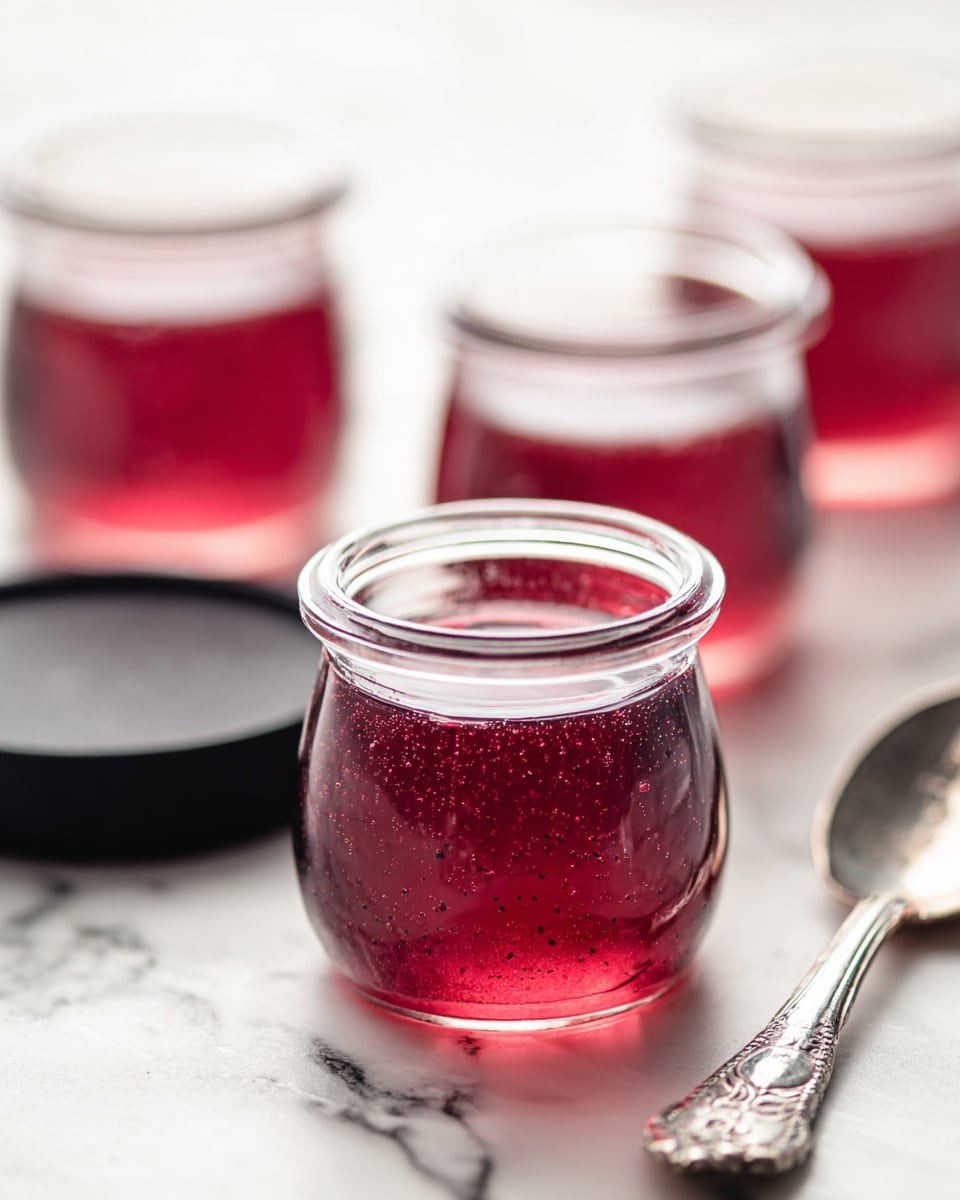 Several small transparent glass jars filled with a smooth, dark pink jelly are placed on a white marbled surface. The jelly inside each jar is clear with tiny dark specks evenly distributed throughout. One jar is in sharp focus in the front center, showing its rounded lip and thick glass rim, while other jars are softly blurred in the background. A silver spoon with an ornate handle lies next to the jars, and a black round object is placed behind the jar in front. The overall scene is bright and softly lit, giving the jelly a shiny, fresh look. Photo taken with an iphone --ar 4:5 --v 7