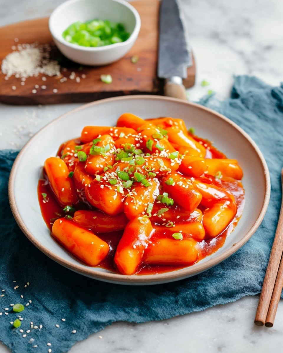 The dish shows a bowl of bright orange rice cakes covered in a shiny, thick red sauce, with small white sesame seeds and chopped green onions sprinkled on top. The rice cakes are cylinder-shaped and soft-looking, piled evenly in the bowl. The bowl is white, sitting on a white marbled surface with a blue cloth underneath. In the background, a small white bowl with green chopped onions sits on a wooden block next to a metal cleaver knife. A wooden spoon with white sesame seeds lies beside the bowl on the marbled surface. Light wooden chopsticks rest on the bottom right corner near the bowl. Photo taken with an iphone --ar 4:5 --v 7
