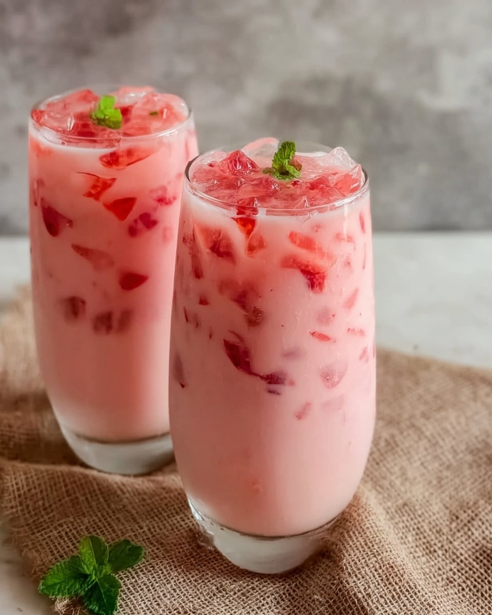 The image shows two tall white glasses filled with a pink creamy drink with ice cubes and small pieces of red fruit or jelly floating inside. The drink fills most of the glass, and the ice and fruit pieces float on top giving a textured look. The glasses stand on a rough beige cloth placed on a white marbled surface, and there is a small green mint leaf near the base of the nearest glass. The background is blurred with soft grey tones. Photo taken with an iphone --ar 4:5 --v 7